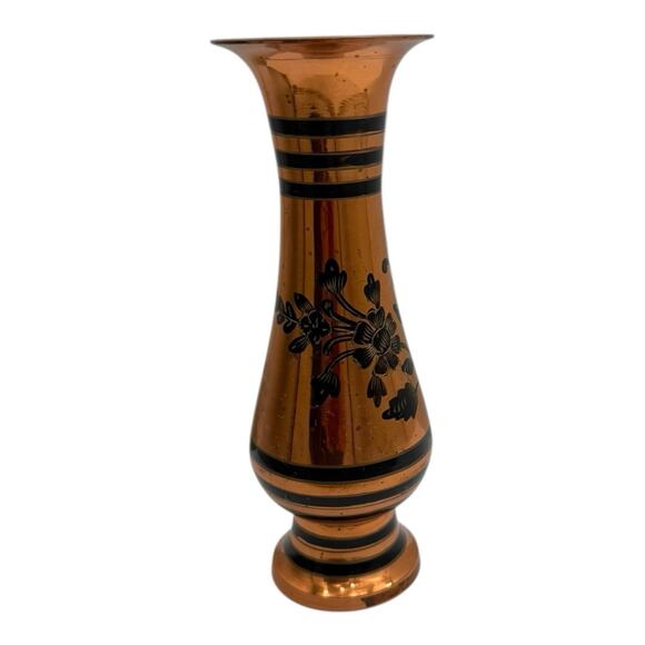 Vintage Brass/Copper Black Etched Floral & Striped Vase ~ 8” Tall Made India EUC - Picture 2 of 12